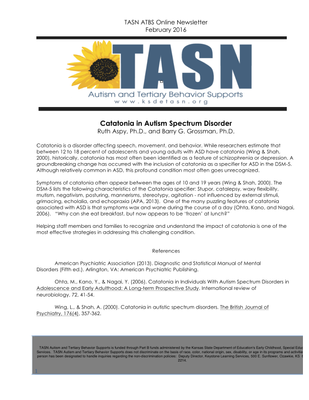 preview image of February_Newsletter.pdf for February 2016 TASN ATBS Newsletter: Catatonia in Autism